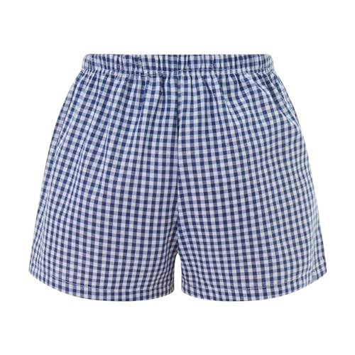Image of Yuemengxuan Y2k Plaid Shorts Baggy Boxer Shorts for Women Elastic Waist Casual Lounge Bottom Gingham Pajama Shorts Sleepwear