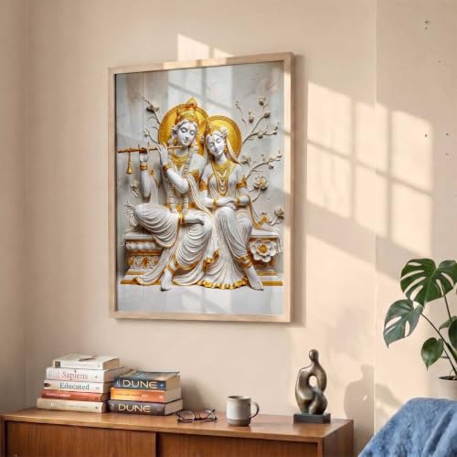 Image of CRAFTLYN Hindu God Wall Art WALL ART Prints Framed Spiritual Religious Paintings for Living Room, Pooja Room, Bedroom, Office, Meditation Room, Home Decor (Radha krishna 1, 19 X25, Brown)