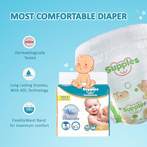 Image of Amazon Brand - Supples Premium Diaper Pants | for Newborn Babies | 80 Diapers | NB /XS | Up to 5 Kg | 12 Hrs Absorption | Cushiony Cotton Soft Fabric | Phthalates-Free | Triple Leak Guard