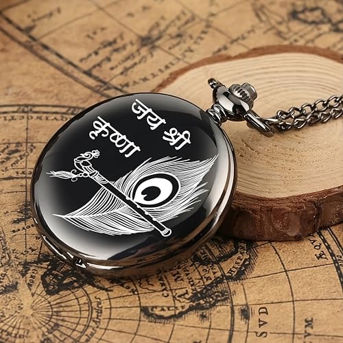 Image of Vintage Gandhi Style Pocket Watch with Engraved Designs & Messages Royal Black Analog for Men Women & Kids Includes Key Ring for car or Bike Keys Ideal Gift
