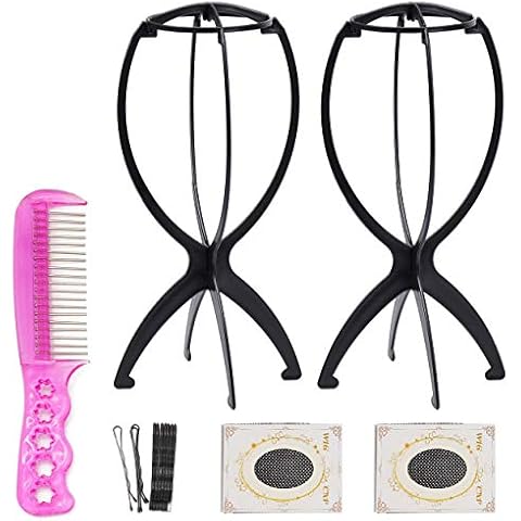 Beayuer 2 Pack Wig Stands for Wigs Durable Plastic Folding Wig Holder Portable Collapsible Wig Dryer Travel Short Hair Extensions Stands (Black, 14 Inch) Cover