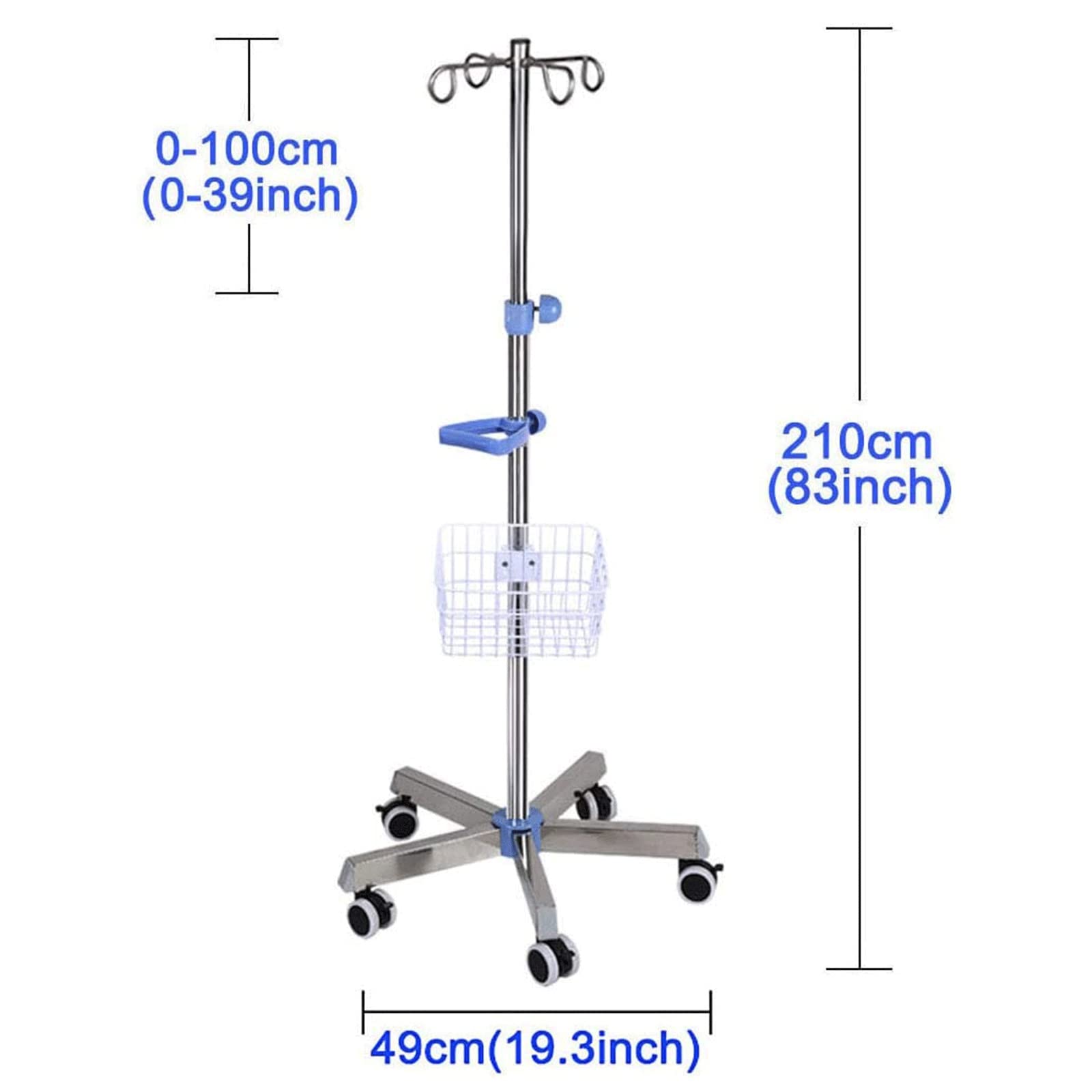 Soporte para suero intravenoso, Soporte para Goteo intravenoso con Ruedas, Soporte para suero intravenoso de Altura Ajustable, Soporte de infusión médica de Acero Inoxidable con 4 Ganchos pa