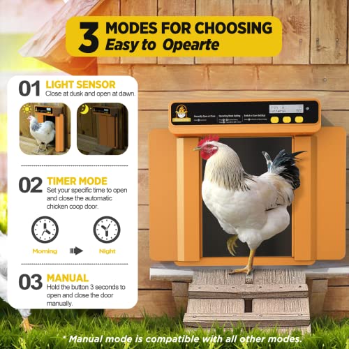 Automatic Chicken Coop Door Opener with Timer, Programmable Light Sensor, Battery Powered LCD Screen, Weatherproof, Low Battery Indication (Orange)