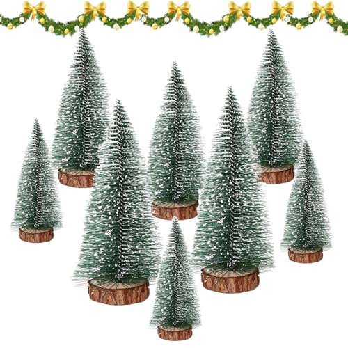 YANXINKE 8 Pièces Artificielles Mini sapins de Noël,Mini Arbre de Noël avec Base en Bois,Mini Sisal Arbre Table Vert,Mini Arbre de Noël,Sapin Noël Artificiel,Mini Sisal Neige Givre Arbres