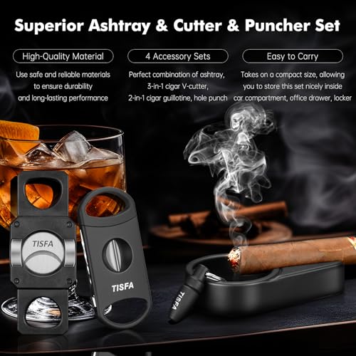 TISFA Cigar Ashtray Set, Portable Ash tray for Outdoor, Hole Punch, V Cutter with Draw Enhancer and Holder, Straight Cutter with Stand, Cigar Accessories Ashtray Gift Set - Image 3
