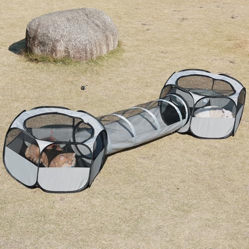 Outdoor Cat Enclosure Cat Playground Tent for Outdoor and Indoor Playpen Portable Cat Tunnels Foldable Cat Tubes Toys for Kitten Puppy Rabbit and Small Animals(2 Small Hexagonal Cubes+Tunnel)