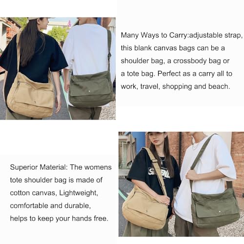 Image of Cotton Tote Handbag Women Canvas Crossbody Beach Bag Hobo Shoulder Tote Bag with 3 External Pocket,Zipper Closure
