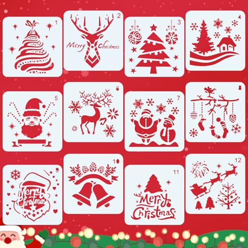 Yonality 12 stück weihnachten schablonen 13x13cm zeichnung malschablonen DIY schablonen der weihnachten kunststoff wiederverwendbar malschablone für scrapbooking fotoalbum geschenkkarten