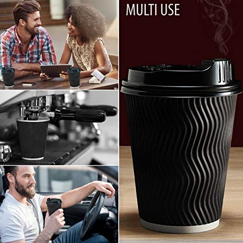 Insulated Disposable Coffee Cups with Lids & Straws 12 oz, 100 Packs - Paper Cups for Hot Beverage Drinks To Go Tea Coffee Home Office Car Coffee Shop Party (Black)