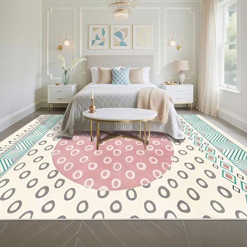 Tapis lavable en machine 60x90cm bleu et rose à motif cercle moderne - 5