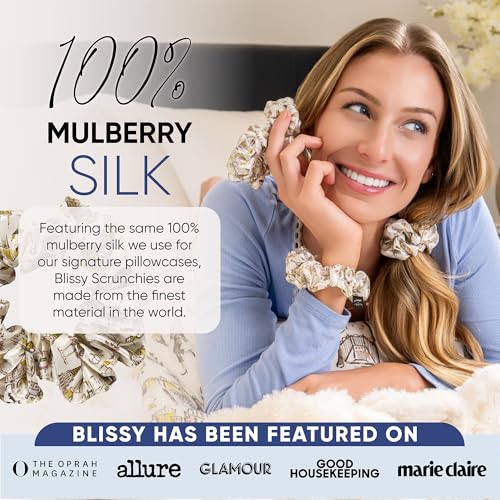 Image of Blissy Silk Scrunchies (3 Pack) - 100% Pure Mulberry Silk - 22 Momme 6A High-Grade Fibers Scrunchie for Straight & Curly Hair (Nicole Miller NY to Paris, Regular)