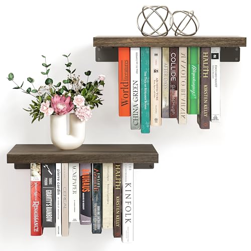 NANATI 2 Set of Floating Bookshelf with Super Load-Bear Shelf Brackets, Paulownia Wood Invisible Bookshelf, Hanging Bookshelves for Wall, Unique Space Saving Wall Bookcase