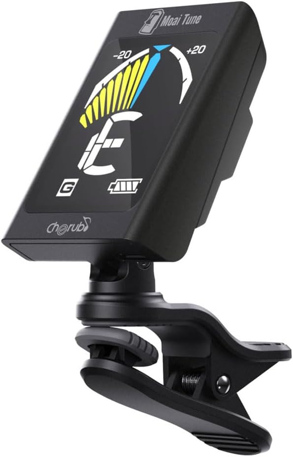 Cherub WST-680 Tuner clipped on guitar headstock, side view