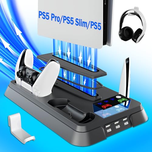 PS5/Slim/Pro Stand for PlayStation 5 Disc &amp; Digital Console, PS5 Cooling &amp; Charging Station, PS5 Controller Charger Incl.3 Level Fan,Headset, PS5/Slim/Pro Accessories Comes 3 USB Ports