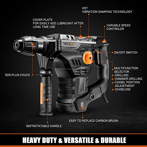 TACKLIFE 1-1/4 Inch SDS-Plus 12.3 Amp Rotary Hammer Drill, 7Joules Impact Energy, 4350BPM, 900RPM, 4 Functions, Vibration Damping Technology, Safety Clutch, Ideal for Concrete and Stones -TRH01A