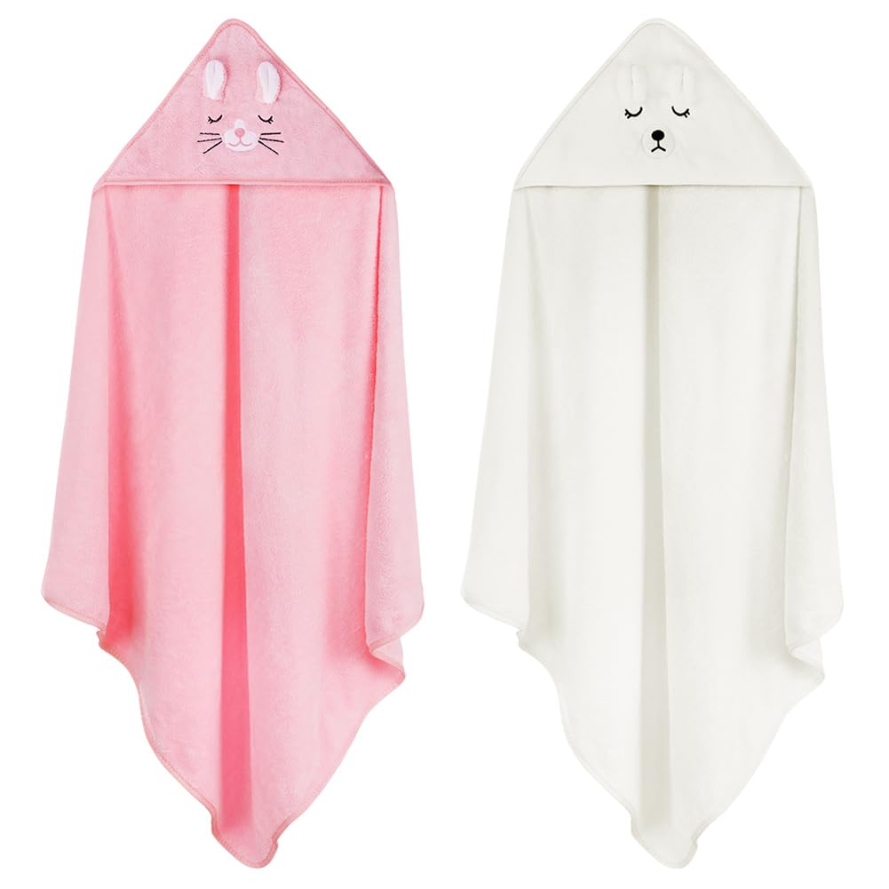 Aolso 2 Pz Asciugamano con cappuccio, 80 x 80 cm Asciugamani da Bagno per Bambini con Cappuccio, Morbidi e Assorbenti, per Neonati e Bambini 0-3 Anni -Bianco/Rosa