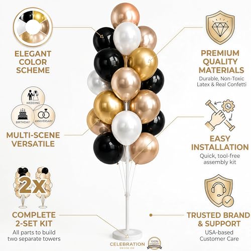 Image of Black Gold Balloon Tower Kit Set of 2 With Base,Pole for Party Decor