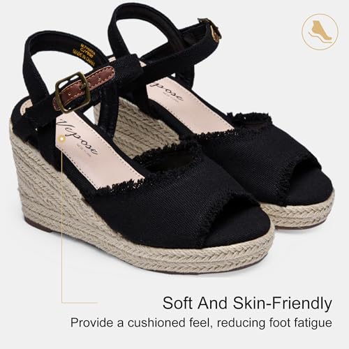 Vepose Women's Wedge Sandals Peep Toe, Black 3.3 Inch High Heel Platform Espadrilles Dressy Comfortable Summer Vacation Trendy Ankle Strap Buckle Shoes Work Wedding, Size 07, (CJY880 Black 07) by Vepose - Used condition - Image 6