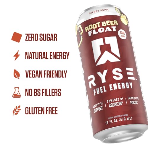Image of RYSE Fuel Energy Drink - Root Beer Float - Sugar Free - 200mg Natural Caffeine, New Formula to Supports Cognitive Health & Improves Focus - No Artificial Colors - 16 fl oz Cans (12-Pack)