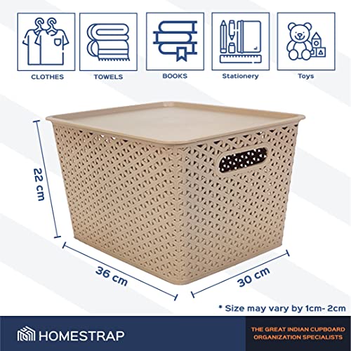 Image of Homestrap Set Of 3 Plastic Storage Organizers /Baskets With Lid For Kitchen, Clothes, Multipurpose Vegetables, Toys, Books, Office, Stationery, Wardrobe(Large| Biscuit, Rectangular)