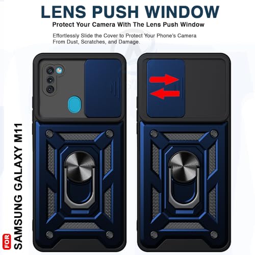 Image of AESTMO Tough Armor Samsung Galaxy M11 Bumper Back Case Cover | Ring Holder & Sliding Camera Shield Cover | 360 Degree Protection Back Case Cover for Samsung Galaxy M11 (Blue)