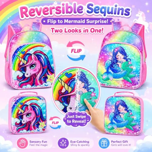 Image of 3PCS Unicorn Backpack, 16 inch Girls Rainbow Sequins Kids Bookbag with Lunch Box, School Bags for Elementary Preschool Kindergarten - Pink