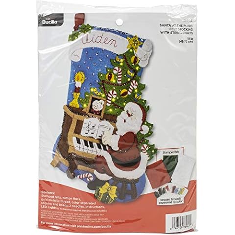 PLAID ENTERPRISES Felt Stocking KIT SANT, Santa at The Piano W/Lights, One Size Cover