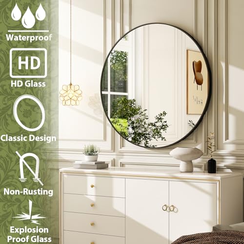 Image of EASLY 24 Inch Round Mirror, Black Metal Frame Wall Mirror for Bathroom