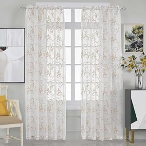 MYSTIC-HOME Transparente Blumen Vorhänge, Beige, 2er-Set