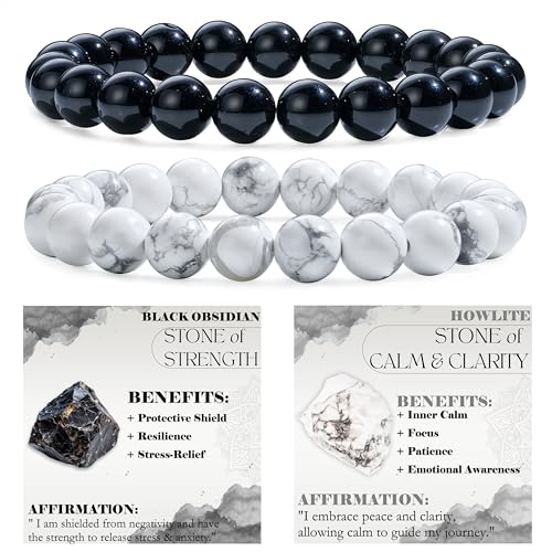 Bivei 2 Piezas 8mm pulseras piedras naturales - Obsidiana Negra, Howlita - Pulsera Piedras Naturales Mujer Hecha a Mano para Yoga, Meditación y Regalos de Protección