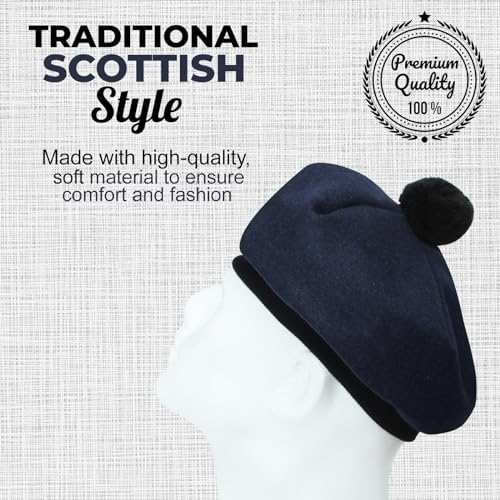 Image of Scottish Tam O' Shanter Hat Tartan Bonnet Pom Pom Wool Flat Cap One Size