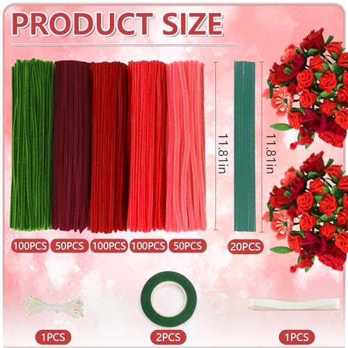 Image of 400 Pcs Pipe Cleaners Craft, 5 Assorted Colors Pipe Cleaners Bulk | Chenille Stems for DIY Flower Making Kit with Floral Wires, Gardening Tape,Stamen& Ribbon (Red)