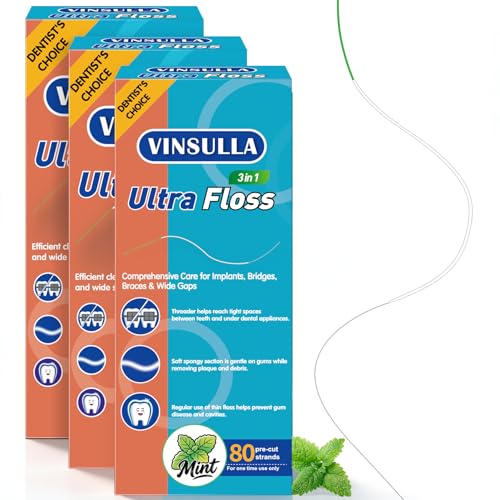 Image of VINSULLA 3-in-1 Orthodontic Dental Floss for Braces & Implants | Built-in Threader, Spongy & Regular Floss, PFAS & PTFE-Free, Mint, 240 Pre-Cut (3 Pack)