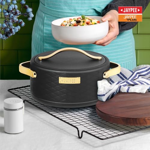 Image of JAYPEE Luxura Inner Stainless Steel Serving Casserole Set of 3 Elegance Unique Design PU Insulated 100% Food Grade with Lockable Lid, Chrome Plated Handle Hot Case | 1500, 2000, 2500 ml, Black