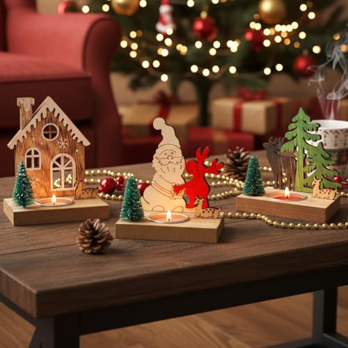 Homorro 3 peças ornamentos de Natal candelabros para velas decoração mesa Natal centro artesanato porta-velas decoração de casa suporte de madeira decorativos de escritório sala de jantar