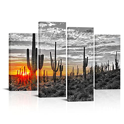 Vanseeing 4 Piece Canvas Wall Art Amazing Sunset In Arizona Sonoran Desert Natural Landscape Painting Saguaro Cactus Pictures Canvas Print Southwest Decor For Home Living Room Bedroom Framed Ready To Hang #TOP14