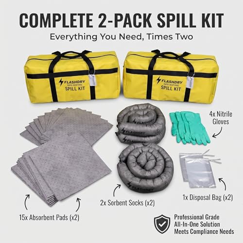 Image of FlashDry Portable Universal Spill Kit - Set of 2 - Flashdry Portable Complete Spill Kits with Yellow Duffle, Bag Tag, 15 Spill Absorbent Pads, 2 3 inchx4' Sorbent Socks, Disposal Bags, Nitrile Gloves
