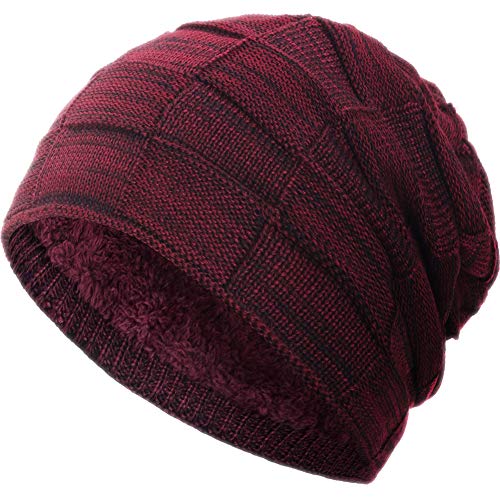Compagno Gorro de invierno tipo slouch beanie de punto cesta con suave interior de forro polar, Color:Vino rojo moteado