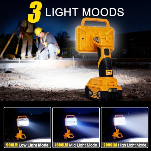 Image of Cordless LED Work Light Compatible with DeWalt 20V Battery, 2000LM Portable Handheld Flashlights Tool with USB Port and 3 Brightness Modes for Camping, Fishing, Job Site, Indoor & Outdoor Use