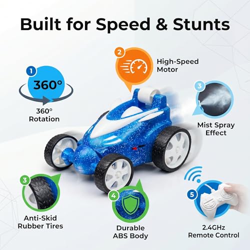 Image of SMART BOY Remote Control Stunt Car with Smoke Mist & Music for Kids Boys & Gils, Glitter Finish RC Car, 360 Rotation Drift, Rechargeable Battery, Anti-Skid Rubber Tires, Indoor Outdoor 379SMBLUE
