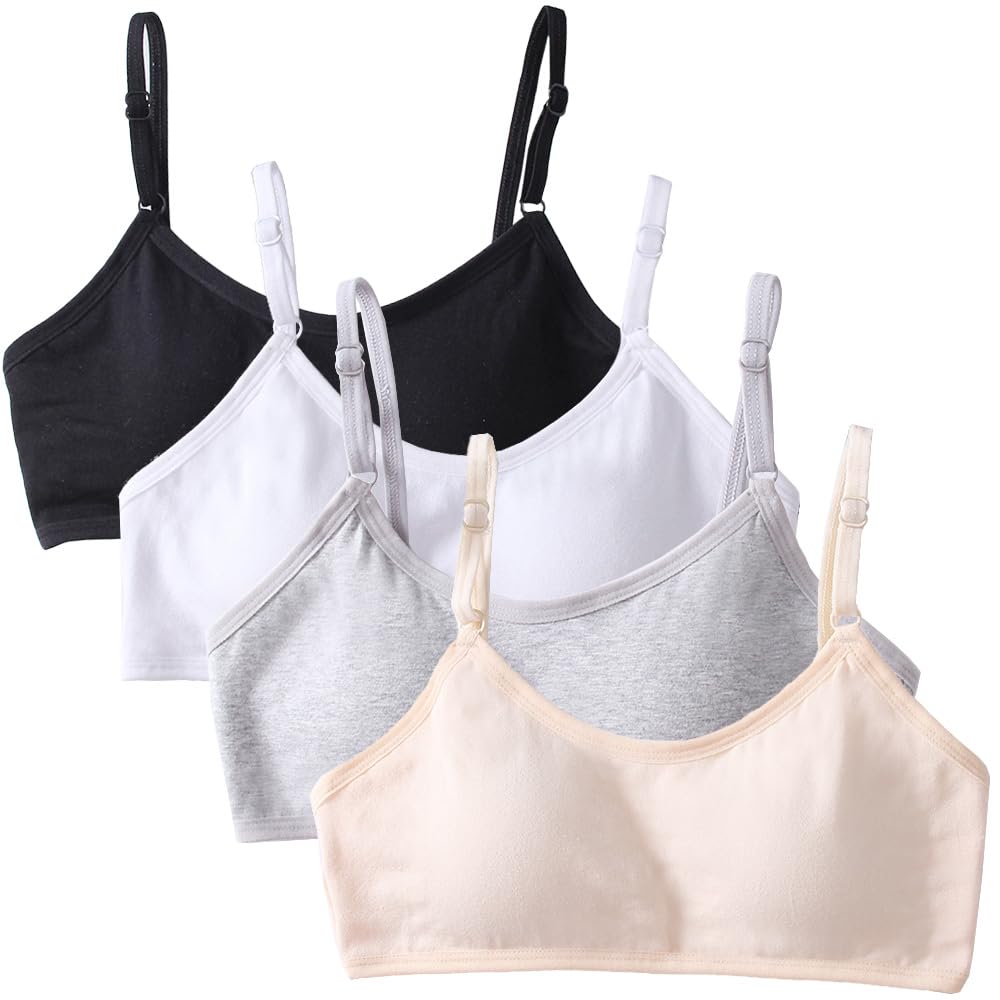 4 Pack Girls Sports Bra Training Bras Underwear with Fixed Bust Pad and Adjustable Strap Teenage Girls Crop Top for Kids 10-18 Years