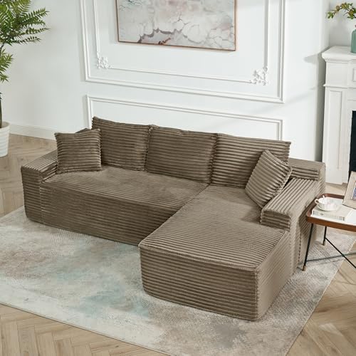 L-Shaped Cloud Sectional Couch, Right Facing Modular Compressed Boneless Sectional Sofa with Chaise Lounge, Plush Corduroy Boneless Corner Sofa for Living Room