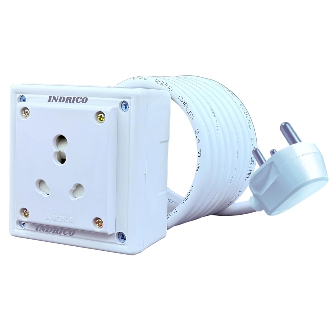 INDRICO Extension Board Heavy Duty 1 Socket 15A 16A 20A High Load Capacity 3000 Watts with 16A Big Plug PVC White (1.5 Meter) 2