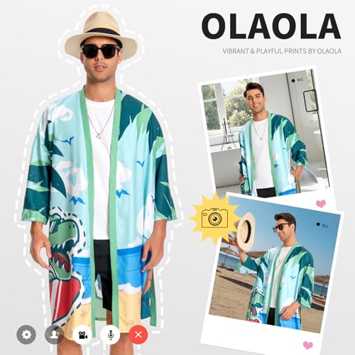 Image of OLAOLA Men Lightweight Kimono Robe with Belt Japanese Style Robe Jacket Casual Open Front Long Cardigan Cape Coat Outwear