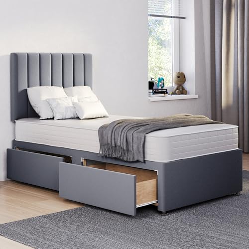 ComfoRest 3FT Single Bed with Mattress and storage drawers (x2) Grey divan base and 24 inch Stripe headboard orthopaedic medium-firm 3FT mattress UK made