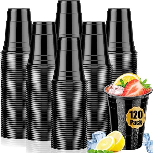 120 Pack 16 oz Black Cups Heavy Duty Black Plastic Cups for Party Cold Drinks BBQ Black Disposable Cups for Christmas Halloween Wedding Birthday Picnic Serving and Celebrations