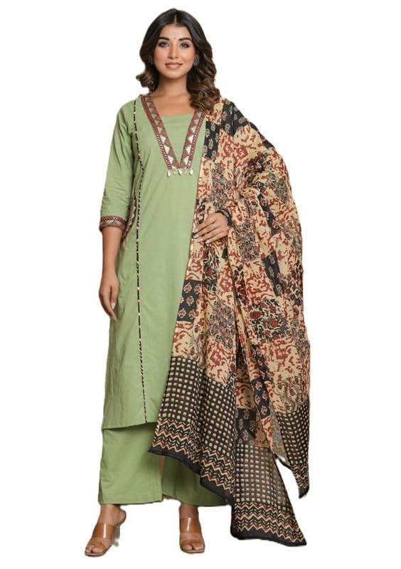 Women's Pure Cotton Embroidered Kurta with Pants and Printed Dupatta Set Tow Side Pocket-image-4