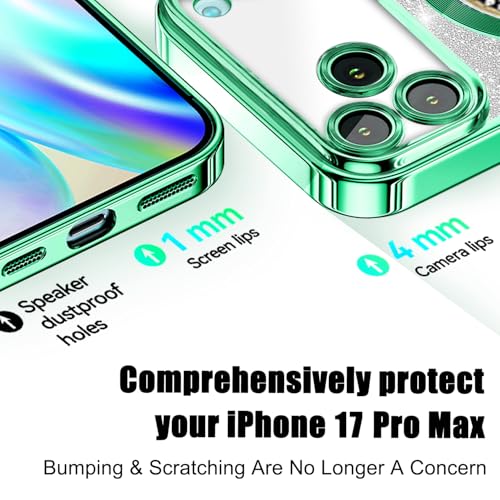 Image of Misscase for iPhone 17 Pro Max Magnetic Glitter Case Compatible with MagSafe,Full Protection Slim Shockproof Anti-Scratch Case with Camera Lens Protector Plating Bling Dust-Proof Net Green