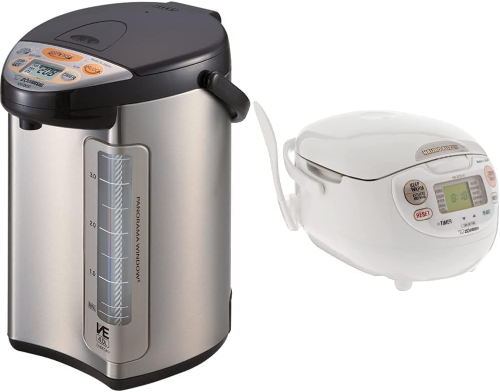 Zojirushi 586361-CV-DCC40XT America Corporation Ve Hybrid Water Boiler And Warmer, 4-Liter, Stainless Dark Brown and Zojirushi NS-ZCC10 Neuro Fuzzy Cooker, 5.5-Cup uncooked rice / 1L, White