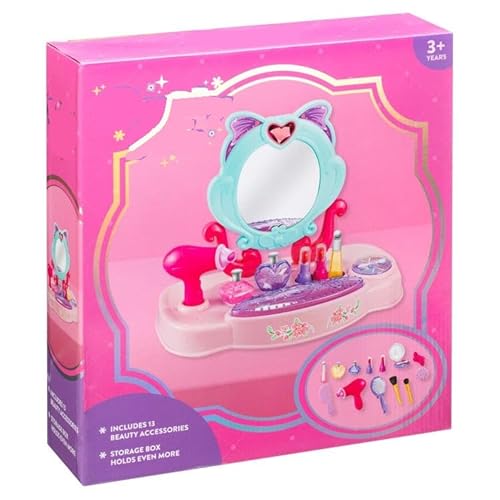SelectTraders Dressing Table Playset for Dolls | 13-Piece Beauty Set with Mirror, Storage Box & Accessories | Glamorous Doll Makeover Kit for Kids
